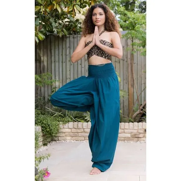LikeMary Harem Jumpsuit Pants XL 1XL Boho Festival Yoga Cotton Pockets Teal BNWT - Picture 3 of 15